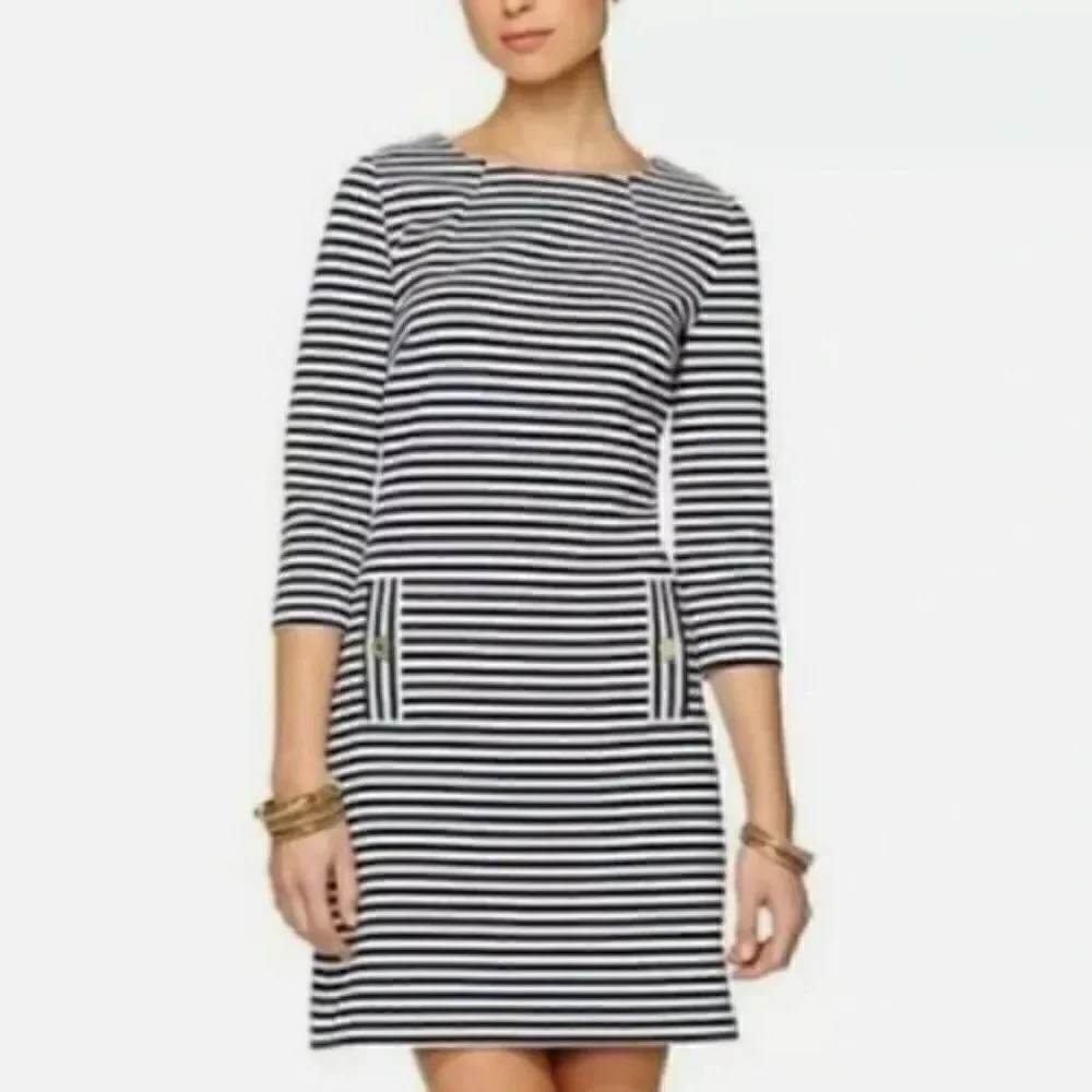 Lilly Pulitzer Charlene Mini Shift Dress Size Small Navy Stripe 3/4 Sleeves